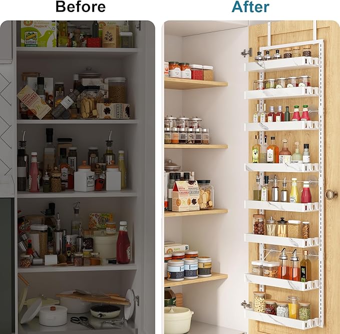 BUKFEN 8-Tier Over the Door Pantry Organizer, 2-in-1 Door Hanging or Wall Mounted Spice Rack, Heavy Duty Metal Storage Shelves with Adjustable Baskets for Kitchen Bathroom Closet