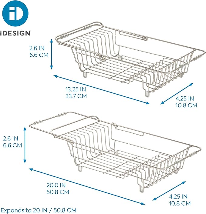 iDesign Classico Kitchen Over-the-Sink Dish Drainer Rack for Drying Glasses, Silverware, Bowls, Plates - Satin