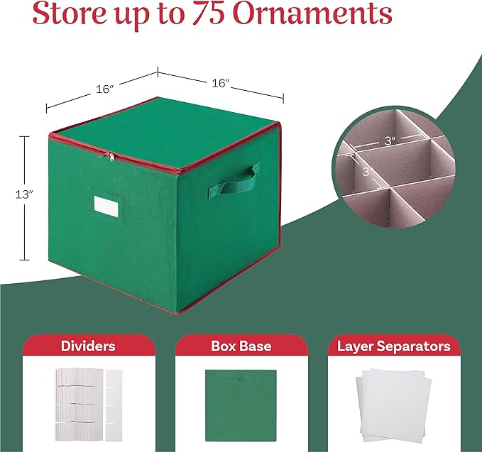 Tiny Tim Totes Christmas Storage Box with Zip Top, Large Ornaments storage box, holds up to 75 ornaments, Green