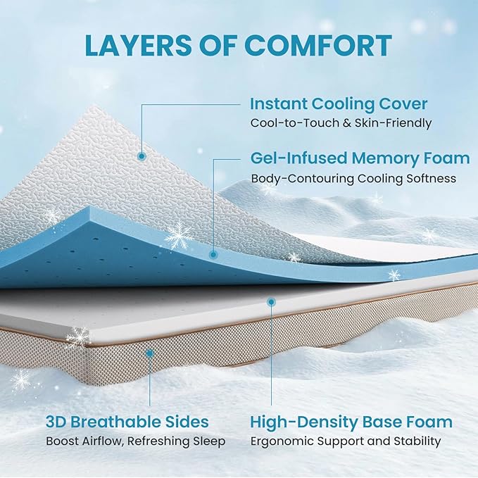 BedStory Cooling Mattress Topper Queen Size, 3 Inch Gel Infused Memory Foam Topper with Cool-to-Touch Removable Cover, Pressure Relief & Deep Refresh Sleep, CertiPUR-US Certified