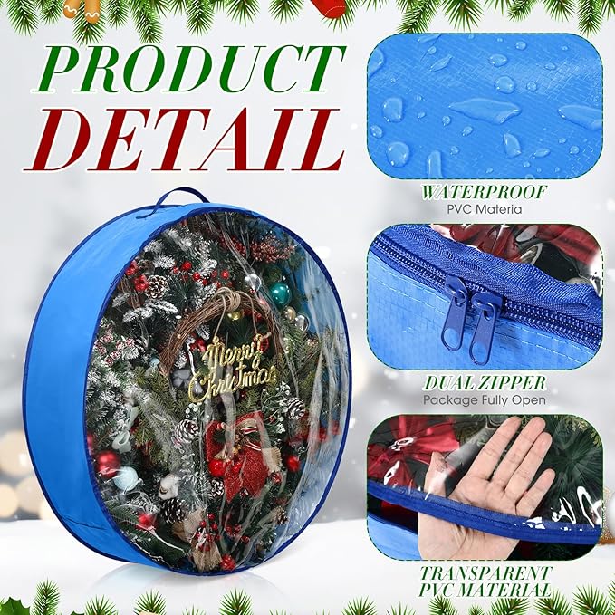 Aliceset 4 Pack Wreath Storage Containers, Ornament Garland Wreath Storage Bags with Handle Zipper Decorative Storages Box for Winter Valentine Wreaths(24 x 24 x 7.8 Inch,Blue)