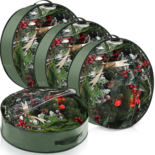 4 Pack Wreath Storage Container, 30 Inch Christmas Wreath Storage Box with Clear Window and Handles Upgrade Oxford Cloth Garland Bags with Dual Zipper for Xmas Wrapping, Green