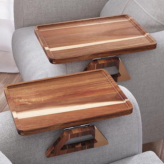 2 Pack Acacia Wood Couch Arm Tray,Couch Tray,Folding Sofa Armrest Trays,Couch Arm Table Clip-On Couch Desk for Drinks,Snacks,Phone,Remote Control