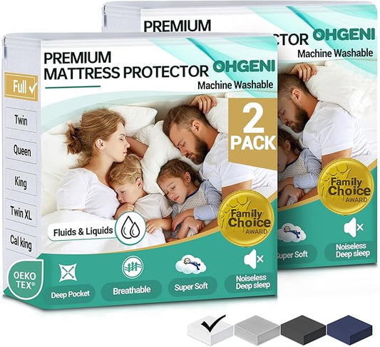 OhGeni 2 Pack Full Size Mattress Protector, 100% Waterproof, Fitted Sheet with Deep Pockets, 6''-18'', Premium Noiseless Breathable Soft Material, Mattresses Cover for Bed