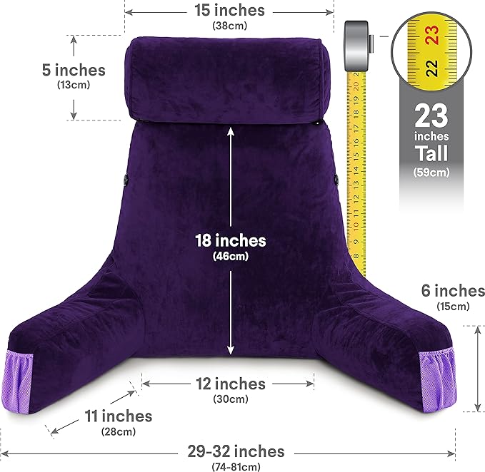 Husband Pillow Medium Reading Pillow with Arms - 23" Backrest for Sitting Up in Bed - Firm Support Bed Rest Pillow for Adults, Neck Roll, Removable Cover - TV, Reading, Lounging - Purple