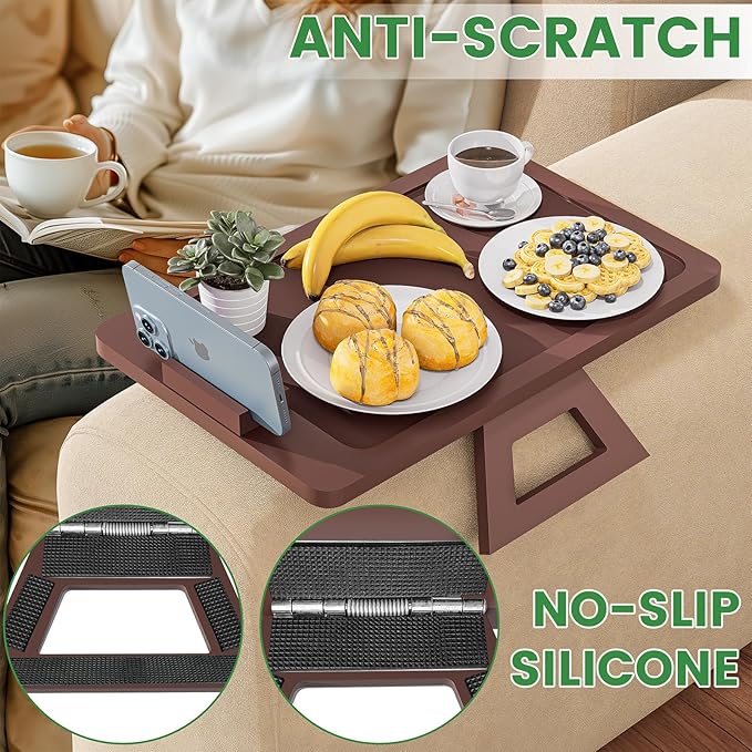 Bamboo Sofa Tray,Couch Arm Table, Clip-On Armrest Tray Table for Wide Couch Foldable Tray with 360° Phone Holder Couch Arm Tray for Eating/Drinks/Snacks/Remote，Brown