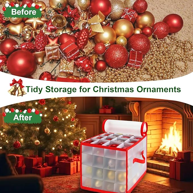 Christmas Ornament Storage Box, 64 Christmas Decoration Storage Box with Two Handles, Holiday Xmas Ornaments Box with Lid, Double-Sided Trays with Durable Zippers for Season