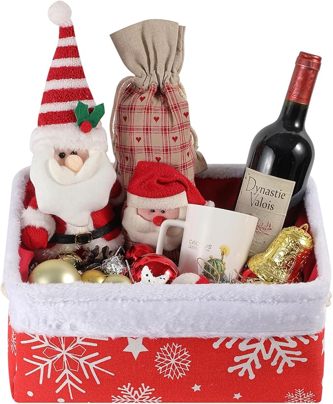 INough Christmas Ornament Storage Box Holiday Decoration Organizer, Christmas Basket for Kids Large Gifts Baskets Empty with Handles Santa Sack with Drawstring (Medium, Snowflake)