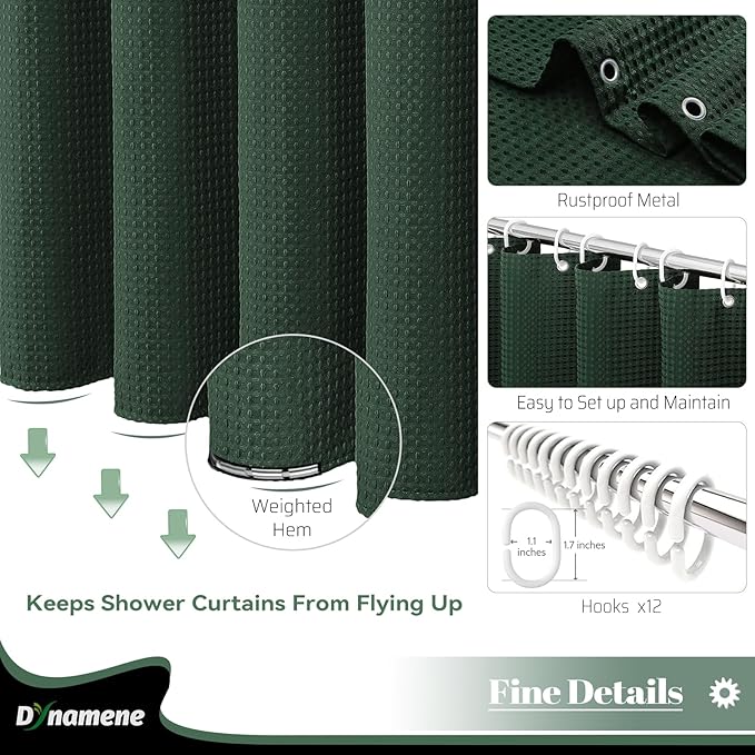 Dynamene Extra Long Shower Curtain - 84 Inch Long Waffle Weave Heavy Duty Fabric Bathroom Shower Curtain, Neutral Weighted Hotel Thick Bath Curtain Set with 12 Plastic Hooks,72x84, Dark Green