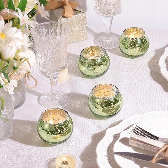 LAMORGIFT 12 Pcs Green Candle Holder for Wedding Decor- Sage Green Mercury Glass Votives for Bridal Shower, Tea Party Table Centerpieces, Vintage Rustic Wedding