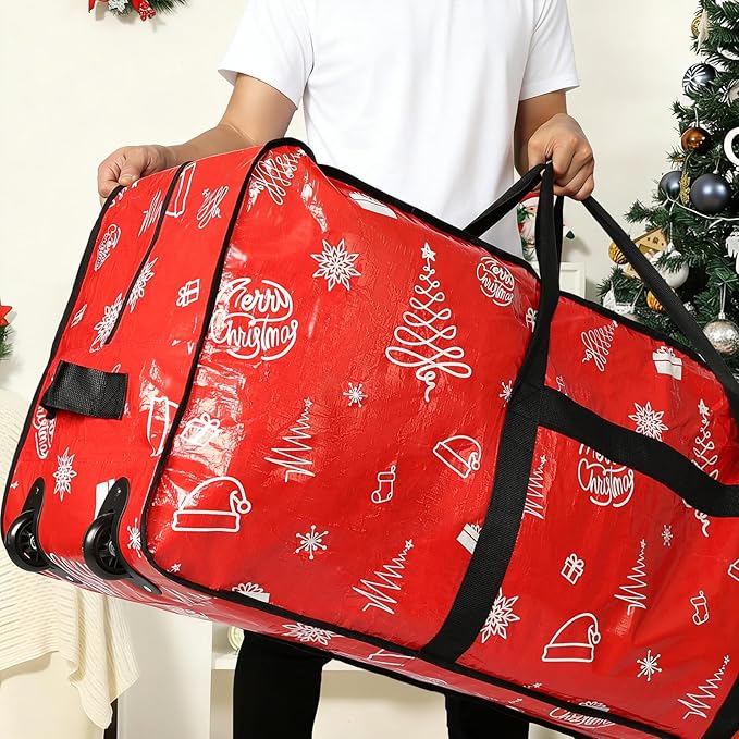 HOMEST Christmas Tree Storage Bag, Fits for 4.5-7 ft Xmas Artificials, Zippered Bag with Reinforced Carrying Handles and Wheels, Red Pattern (Bag Only)