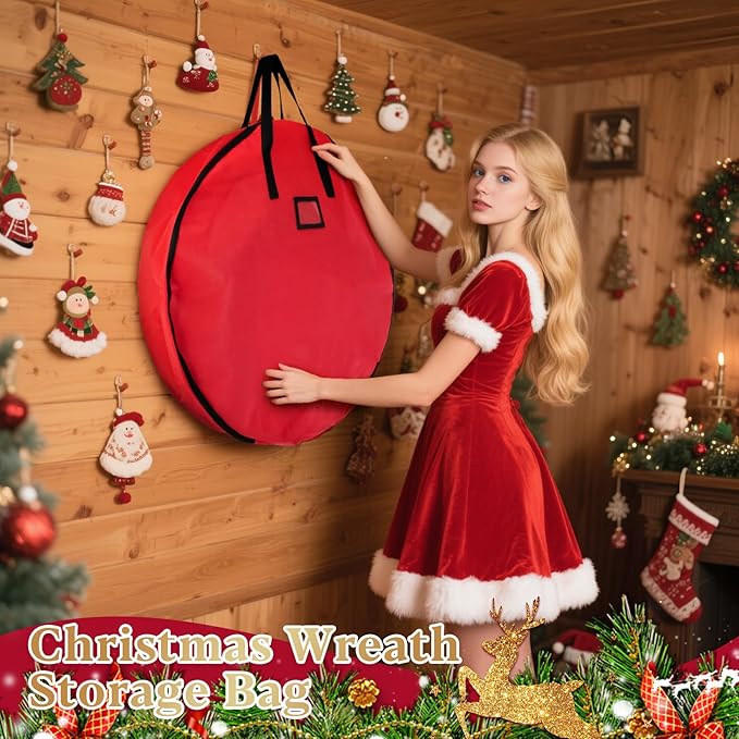 24 Inch RAINFLOW Christmas Wreath Storage Container - Heavy Duty Wreath Storage Bag With Handles Red Thickened Nonwoven Fabric Ideal For Household Organization Halloween Holiday Ornament Storage