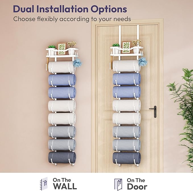 SWTYMIKI Over the Door Towel Rack - 9 Tier Towel Racks for Bathroom Wall Mounted, Towel Holder with Shelf, Hanging Rolled Towel Storage Organizer for Small Bathroom, Camper, RV, White