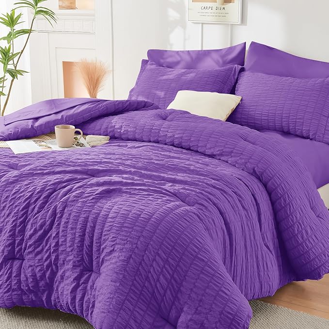 HYMOKEGE Bright Purple Twin XL Comforter Set Seersucker 5 Pieces, All Season Luxury Bed in a Bag for Bedroom, Bedding Set with Comforter, Sheets, Pillowcase & Sham