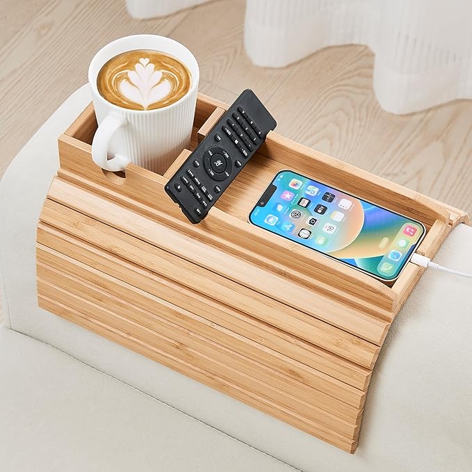GEHE Couch Cup Holder, Anti Falling Sofa Arm Tray, Natural Bamboo Sofa Cup Holder More Safe for You Family, Portable Couch Arm Tray Armrest Table for Remote, Snacks, Phone, Drinks