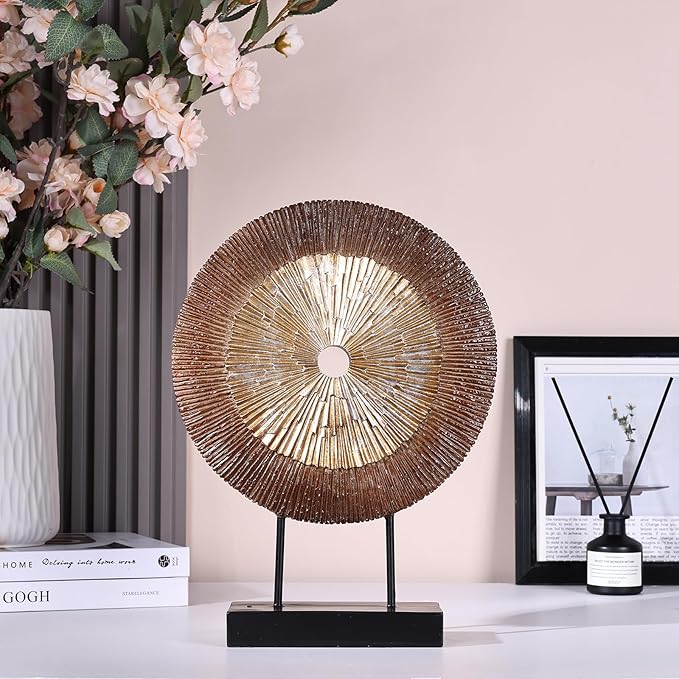 12" Tall Abstract Brown Gold Round Sculpture - Unique Wood Color Home Decoration for Above Cupboard Decor, Living Room Coffee Table, Console, Office, Entrance, Table Centerpieces (Brown Gold)