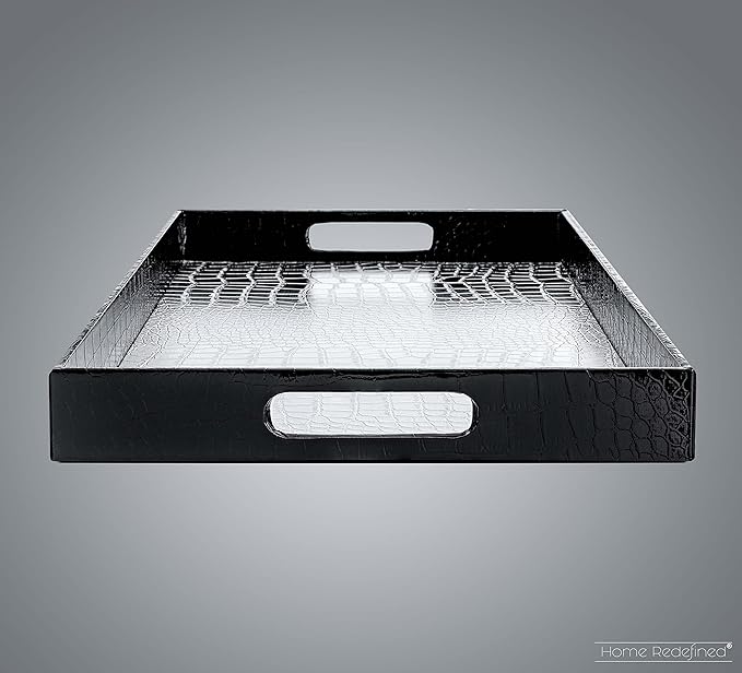 Home Redefined 17.5"x12" Silver & Black Glossy Crocodile Faux Leather Serving Tray Beautiful Modern Elegant Decorative Tray with Handles Ottoman Coffee Table Tv Remote Storage for All Occasion's