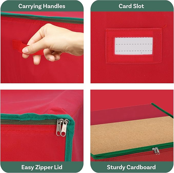 Tiny Tim Totes Christmas Storage Box with Zip Top, Large Ornaments storage box, holds up to 75 ornaments, Red