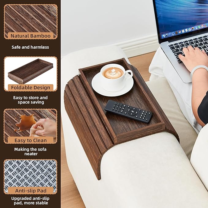 LOVYANXUE Couch Arm Tray, Anti-Falling Bamboo Sofa Armrest Tray Table, Foldable & Portable Armrest Tray Cup Holder Side Table for Drinks, Coffee, Phone, Snacks, Remote