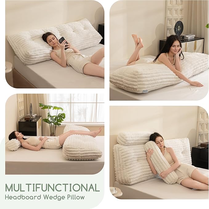 HIGOGOGO Triangular Headboard Wedge Pillow with 2 Cylindrical Pillows and Memory Foam Filling, Daybed Pillows for Sitting up, Reading or Working with Removable Cover,King 76"x19.7"