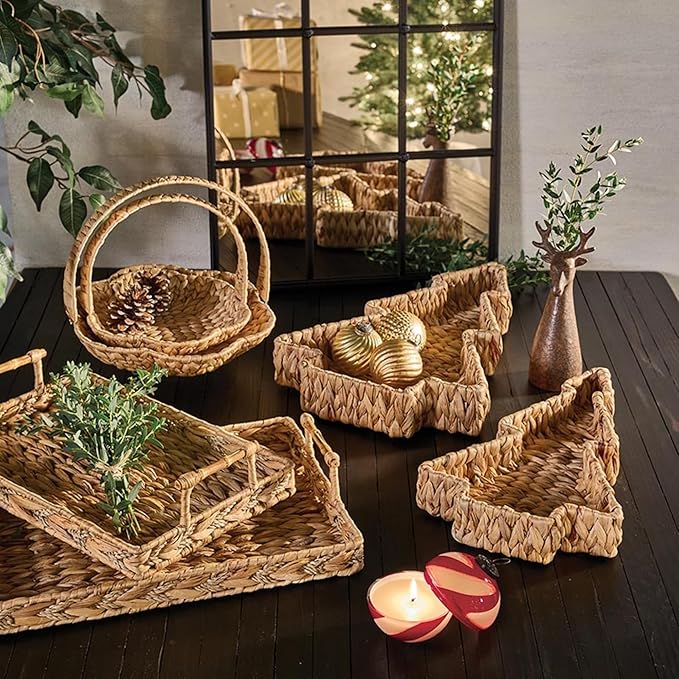 47th & Main Christmas Tree Shaped Baskets for Decoration Nesting Woven Water Hyacinth Storage Trays, Set of 2, Natural