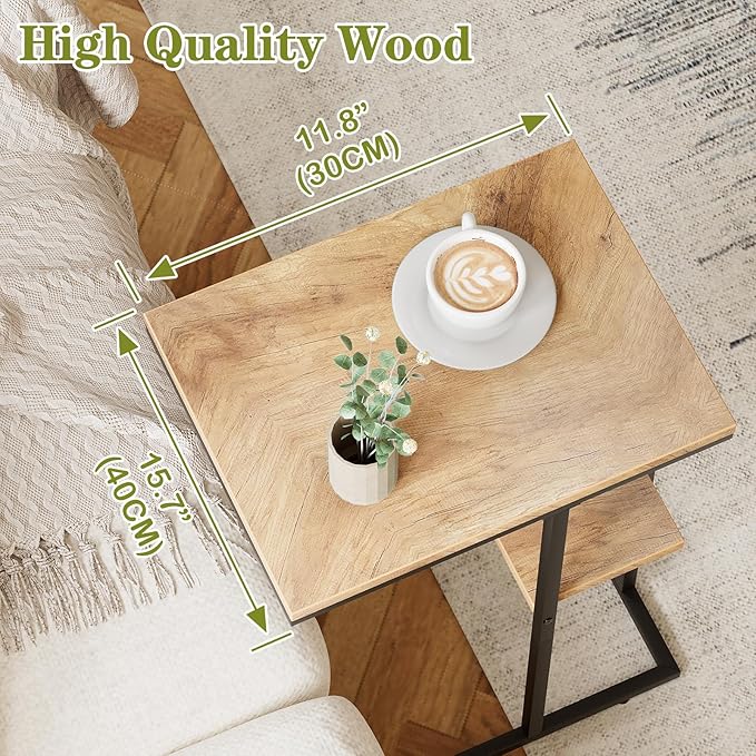 C Shaped End Table, Small Side Table for Couch and Bed, Wood Snack Table with Metal Frame for TV Tray, Sofa, Living Room, Bedroom, Bedside (Oak)