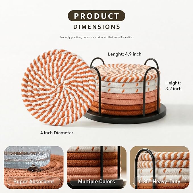 Lazebox Coasters Set of 8 for Drinks, Beer, Coffee, Cotton Woven 4 Colors Absorbent Coaster with Holder, Boho Coasters for Home Decor Tabletop Protection Suitable for Kinds of Cups