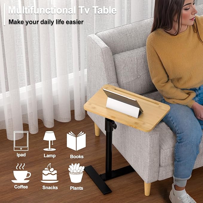 Sofa Armrest Tray Table - 360° Bamboo Swivel TV Trays - Height Adjustable Side Table for Bed or Chair with Phone and Tablet Slots - End Tables for Small Spaces (1, Fair, Standard)
