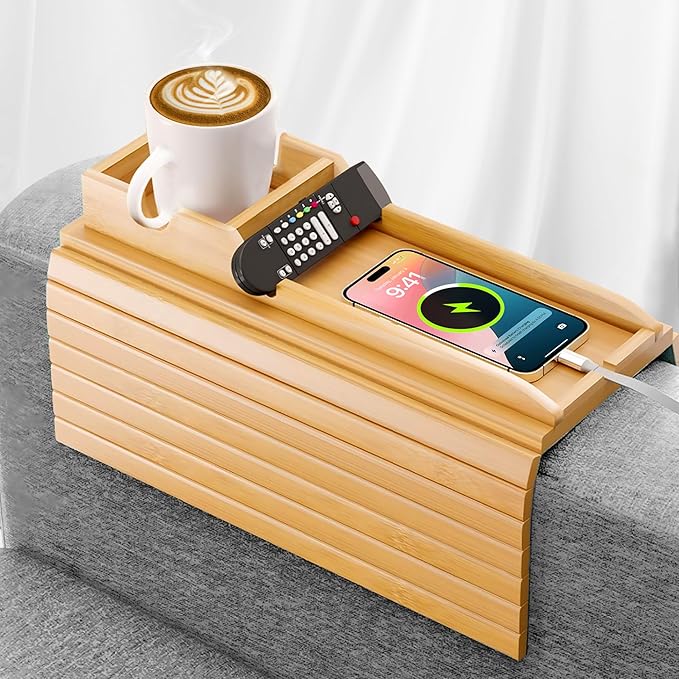 Couch arm tray 3-in-1 Bamboo Sofa Armrest Table, Adjustable 4.5"-14" Non-Slip Couch Cup Holder Tray Table, Foldable Armchair Tray for Drinks, Snacks, Phone & Remote, Space Saving Sofa Tray