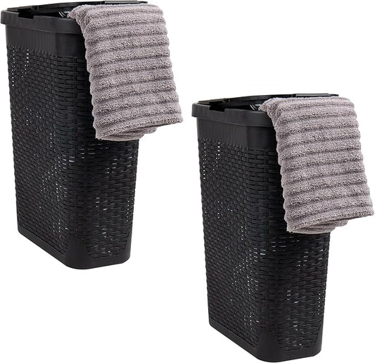 Mind Reader Slim Laundry Hamper with Lid, 40L Clothes Basket, Narrow Tapered Design with Ventilated Cutout Pattern, Plastic, Set of 2, Black