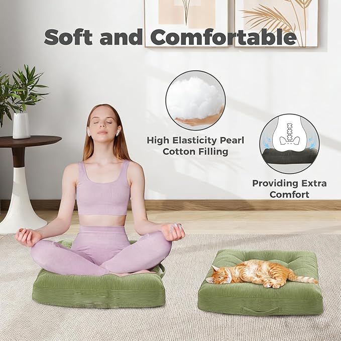 Navy Blue Tufted Floor Cushions with Carry Handle, 18x18 Inch Set of 2, Non-Slip Chair Pads for Yoga Meditation and Floor Pillow Living Room