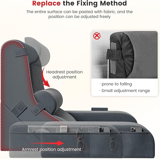 Homkdom Reading Pillow for Sitting in Bed Adult, 20" Back Pillow for Bed Sitting up with Armrests & Storage Pockets, Ergonomic Wedge Pillow for Watching TV, Gaming, Working, Recovery, 5PCS, Grey