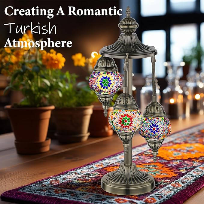 Marrakech Turkish Lamp 3 Globes Moroccan Table Lamp with Bronze Base, 23" Tall Handmade Colorful Tiffany Mosaic Glass Night Light Fixture Including LED Bulb for Living Room Bedroom Decor