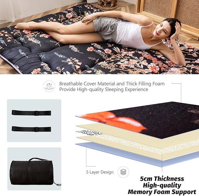 MAXYOYO Japanese Futon Mattress Floor Mattress Sleeping Pad Foldable Mat Roll Up Camping Cushion Floor Lounger Couches and Sofas Couch Topper, Black Floral, Full Size