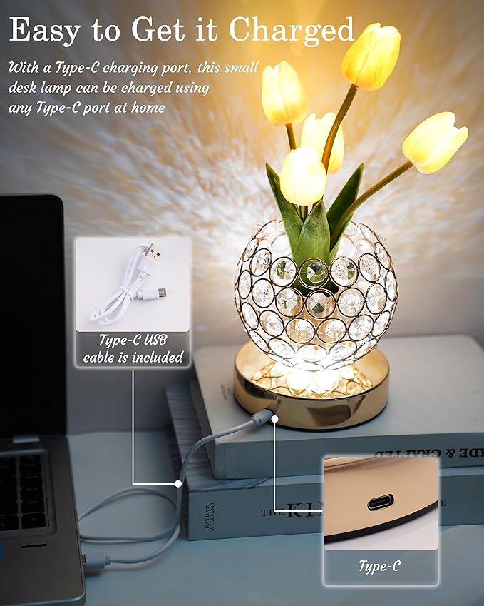 Cordless Tulip Flower Lamp, Adjutable Touch Dimming Crystal Night Light with Artificial Tulip Flower, Rechargeable LED Flower with Vase Lamp Romantic Decor for Bedside Nightstand, Gift for Mother
