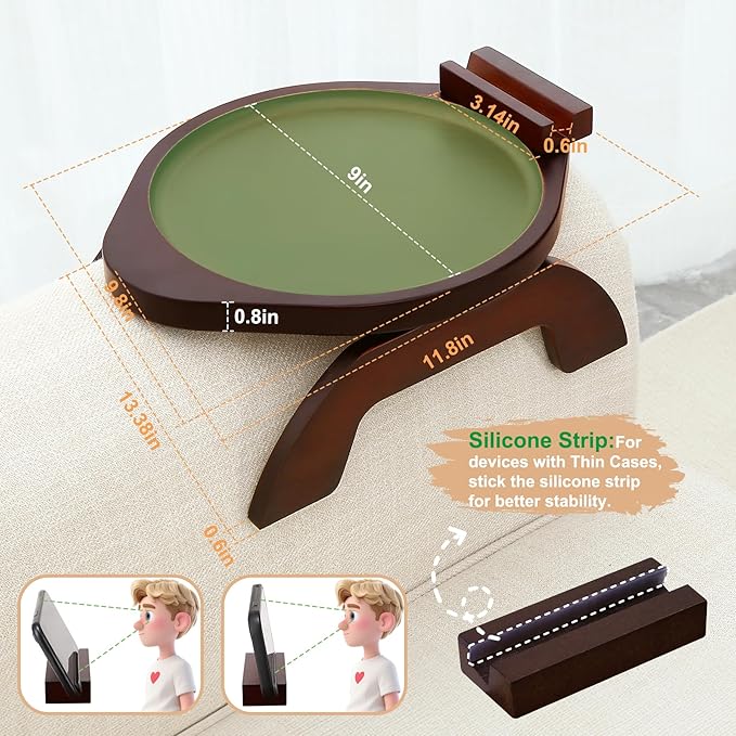 SINWANT Couch Arm Table, Bamboo Round Sofa Clip on Tray with 360° Phone Holder,Foldable Couch Armrest Table Eating on Chair Recliner for Snack Drink