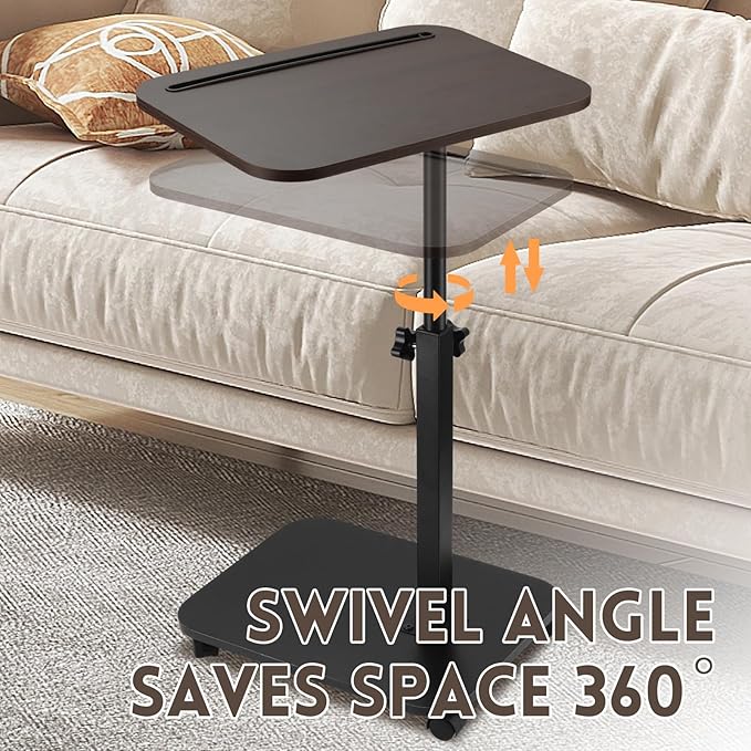 DAJAVE Sofa Armrest Tray Table for Couch, 360°Swivel TV Tray Table with Wheels for Small Spaces, Height Adjustable C Shaped End Table Snack Side Table for Sofa, Bed, Chair, Snack