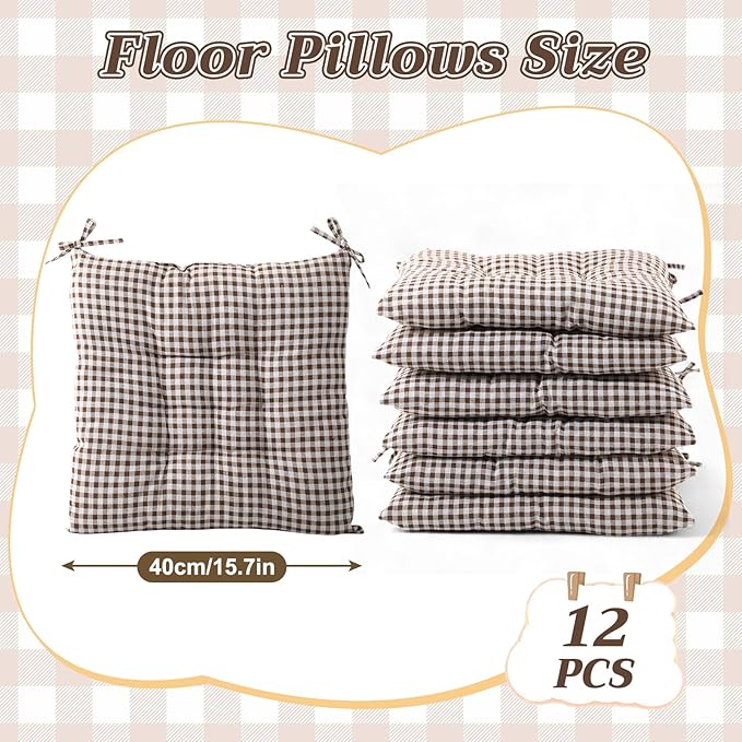 Geetery 12 Pcs Floor Pillows Bulk Seating Cushions for Floor Chair 15.7'' Large Meditation Cushion for Yoga Living Room Tatami Bedroom Balcony Office (Plaid Color,Square)