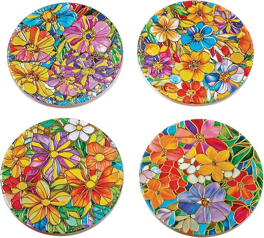 Bits and Pieces Set of 4 Drink Coasters Stained Glass Look Ceramic Coasters with Cork Backing, Bright Flowers with Gold Accents - 3 1/2" Floral Coaster Set