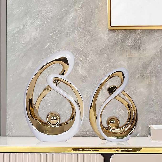 2 PCS White Gold Decor Accent Ceramic Statue White Mid Century Modern Home Decor Accents Sculpture Decorations Centerpieces for Living Room Bookshelf Shelf Coffee Table Kitchen Office Dining Table