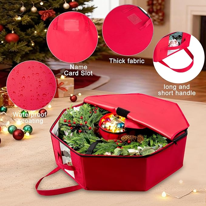BrilliantJo Wreath Storage Hard Shell Christmas Decorations Case Bag with Interior Pockets 600D Oxford Fabric 24 Inch Xmas Container Box for Holiday Zipper and Handles Labeling Card Slot Red