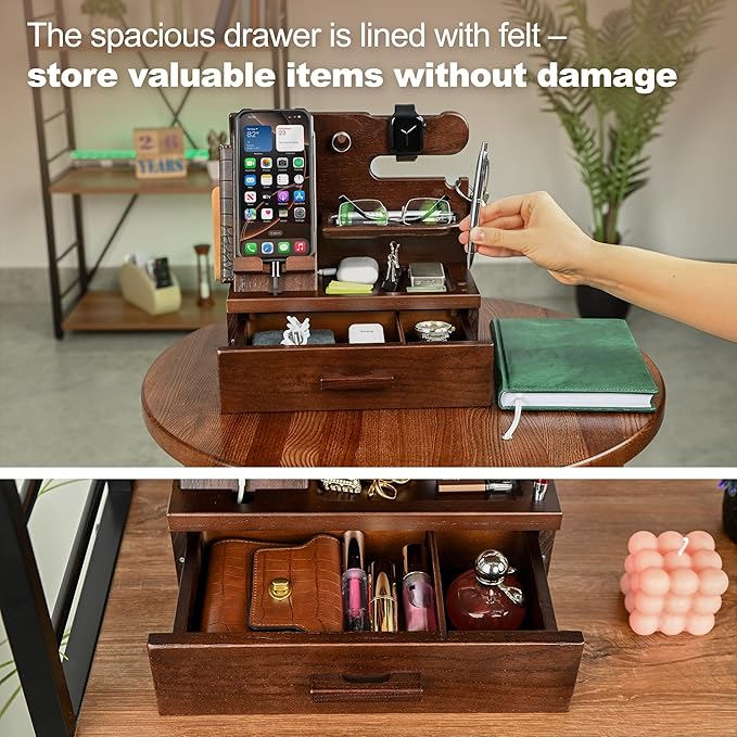 TESLYAR Wood Phone Docking Station with Drawer - Nightstand Organizer - Desk Organizer for Husband - Birthday Gifts for Men, Dad, Anniversary, Key Holder Stand Watch, Accessories (Chocolate Brown)