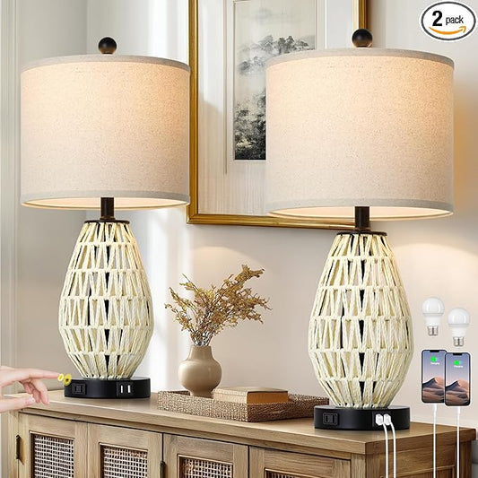 CINSARY Touch Control Rattan Table Lamps, 3 Way Dimmable Bedside Lamps for Bedroom Set of 2 with 2 USB Ports and AC Outlet, Wicker Nightstand Lamps for Living Room (LED Bulbs Included), White