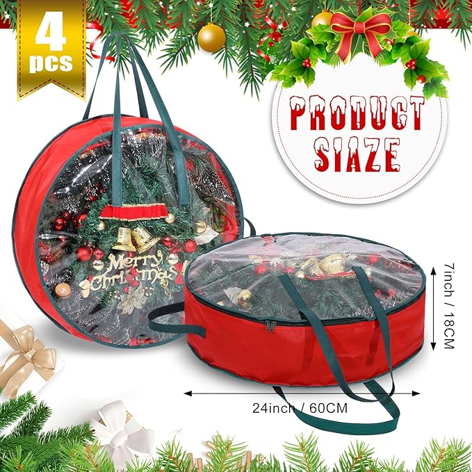 Shappy 4 Pcs Red Wreath Storage Bag Clear Wreath Box Storage Containers with Clear Window and Handle Garland Containers for Holiday Seasonal Bags (24 Inch)