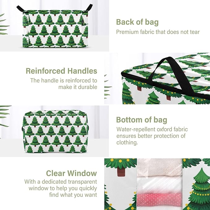 Burbuja Christmas Tree Clothes Storage Bag with Lids and Handle, 2 Pack Foldable Blanket Storage Container with Sturdy Zipper & Clear Window for Bedroom Closet, 60L