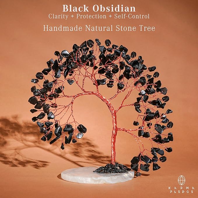 Crystal Tree of Life for Home, Office, Room, Wall Decor to Bring Money & Good Luck, Handmade Black Obsidian Healing Chakra Tree Unique Birthday Gifts for Women, Men, Mom & Dad