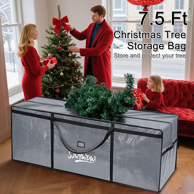 Christmas Tree Storage Bag 7.5 ft, Heavy Duty Artificial Xmas Trees Bag with Reinforced Handles, Dual Zippers Wide Opening, Two Mesh Pockets, Water Resistant for Holiday Tree Storage (Grey)