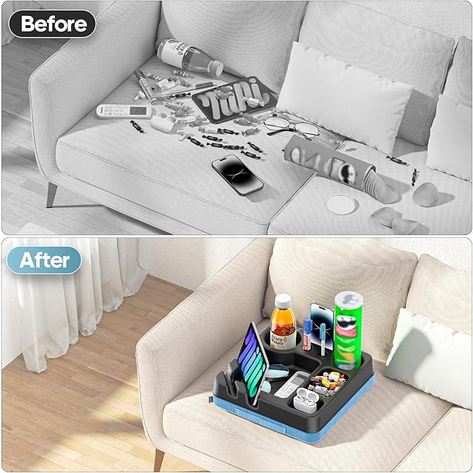 Couch Cup Holder Tray Couch Cup Holder Pillow Bed Tray Snack Sofa Bed Caddy Organizer Beach Sofa Drink Holder Anti-Spill Portable Snack Caddy Couch Remote Holder for Phone Pad Kindle Beverage Blue