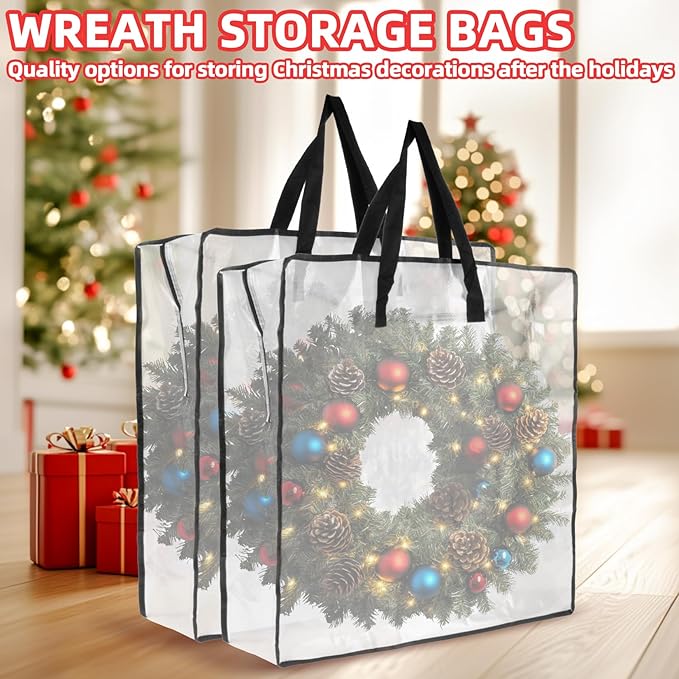 RAINFLOW Christmas Wreath Storage Container - Clear Moving Bags Heavy Duty With Zipper for Wreaths Clothes Gift Pillow Toy Plastic Storage Bag Supplies College Dorm Under Bed Storage(24 inch)