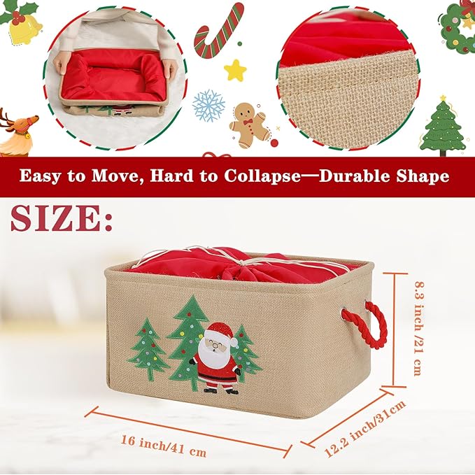 INough Christmas Basket Large Christmas Gift Baskets Empty Fabric Organizer Bin with Handles, Gift Bags Foldable Holiday Toy Gift Holder for Fireplace, Kids Room, Home Decor